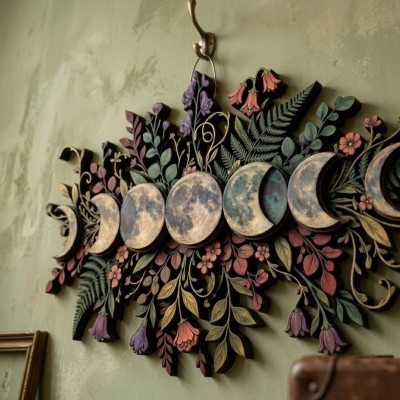 Floral Moon Phase Wooden Wall Art Celestial Moon Decor Christmas Gift