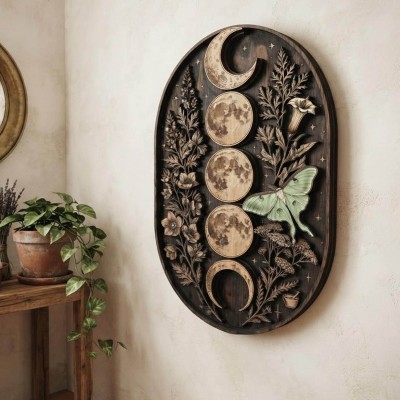 Floral Moon Phase Luna Moth Wooden Wall Art Christmas Gift