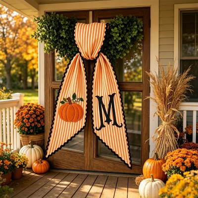 Personalized Pumpkin Wreath Sash Embroidered Monogram Fall Halloween Front Door Decor