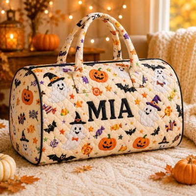 Halloween Quilted Weekender Bag Ghost Pumpkin Travel Duffel Bag Custom Name Spooky Cute Overnight Bag Halloween Gift Ideas