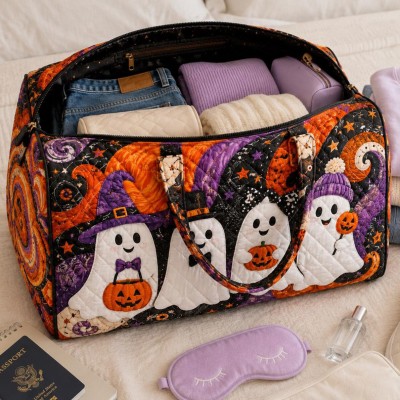 Halloween Quilted Weekender Bag Ghost Pumpkin Travel Duffel Bag Custom Name Spooky Cute Overnight Bag Halloween Gift Ideas