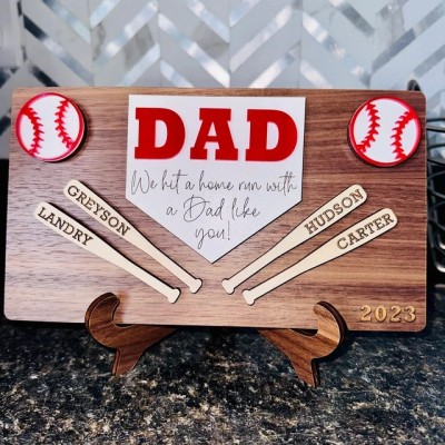 Personalized Baseball Dad Sports Wood Sign With Kids Name For Father's Day Gift